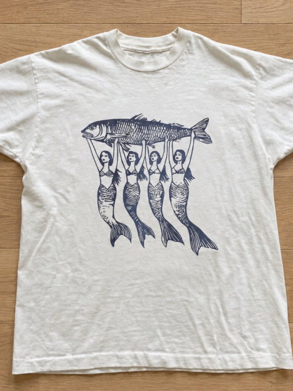 White Mermaids Holding Fish Linocut Cottagecore Graphic T-Shirt Gift For Him Her
